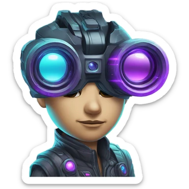 Secret human agent with  cyberpunk elements with a spyglass scanning looking reviewing multicolor lines of code, cyan and purple colors, only upper body portrait sticker