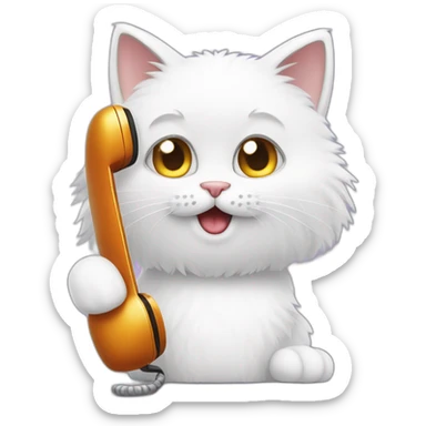A white furry cat making a phone call with a cellphone sticker