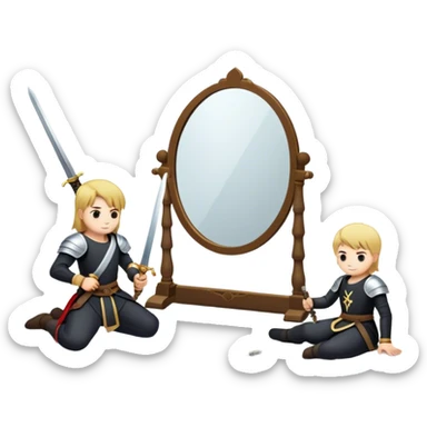 the sword on the floor and a mirror person sticker
