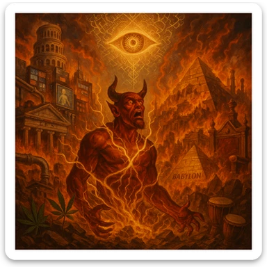 Depict a powerful, surreal vision of Babylon being destroyed — not by holy forces, but by the Devil himself, who looks shocked and possessed by fate. The city of Babylon is a massive, ancient-modern hybrid metropolis: Roman towers, golden pyramids, digital screens, oil pipes, courtrooms, and false thrones. It's a twisted symbol of colonialism, greed, religion, and algorithmic control. But now it's collapsing in flames and golden roots. The Devil is massive, fiery, and terrifying — but he's not proud. He's bound in glowing golden vines growing from the Earth, eyes wide, realizing he’s just a pawn in a higher rhythm. The sky is split open with a divine golden eye (representing Empress Riddim / Kez’s Elephant Eye), casting down sacred fractals and rhythms that rewrite the code of reality. In the rubble, ganja leaves grow, drums rise from the soil, and a whisper floats through the scene: 'Even the Devil served the rhythm when the scroll was sealed.' Use a warm, cinematic color palette with deep reds, golds, greens, and shadows. Epic, prophetic, unforgettable. sticker