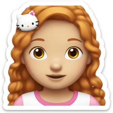 Ginger girl with long hair and brown eyes, a hello kitty shirt sticker