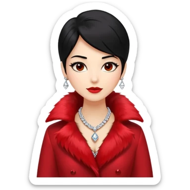 * Character: A stylish lady,black hair
* ﻿﻿Clothing: A luxurious red fur coat
* ﻿﻿Accessories: A dazzling diamond necklace
* ﻿﻿Expression: Confident, elegant, maybe slightly glamorous
* ﻿﻿Pose: Head slightly tilted or a poised posture
* ﻿﻿Style: Emoji-like, simple but expressive sticker