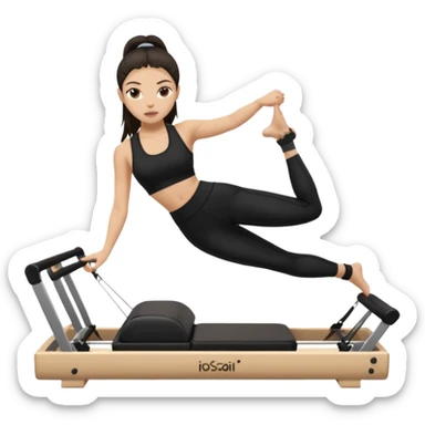 a girl doing reformer pilates, she is wearing a black fit and she has dark straight and loose hair sticker