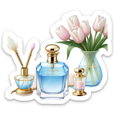 A dreamy composition of a crystal perfume bottle with an ornate golden atomizer, placed on a lace-trimmed vanity table, accompanied by a bouquet of white magnolias and soft blue tulips.
 sticker