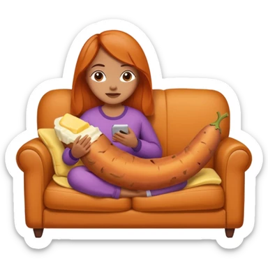 Female personified sweet potato with butter sitting on a couch very cozy watching tv  sticker
