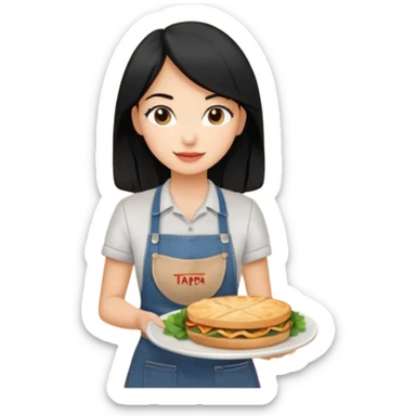 waitress with black hair and a food plate with a black tshirt and ª jeans apron. with a bigger plate and the plate with a tapa sticker