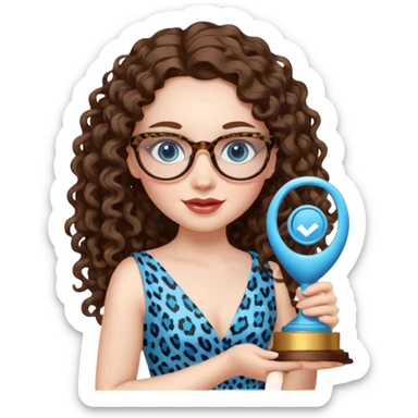 A girl with white pale skin, full lips, brunette LONG curly hair. She is wearing a white  silk dress. She is holding an award and happy. She has a leopard print round-ish shaped glasses. She has blue eyes. sticker