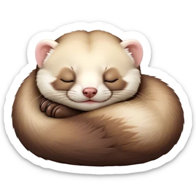Meme-Worthy Cute Sleeping sable ferret Portrait Emoji, Head resting peacefully with a contented smile, showcasing a long, flexible body curled up in cozy repose, luxuriously soft fur in warm brown and cream, and eyes gently closed in serene slumber, Simplified yet hilariously adorable features, highly detailed, glowing with a soft, drowsy natural light, high shine, relaxed and utterly lovable, stylized with an air of playful laziness, bright and heartwarming, soft glowing outline, capturing the essence of a sleeping sable ferret that feels destined to become the next viral sensation of adorable rest! sticker