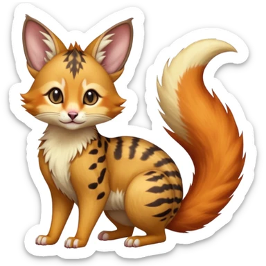 Hyper realistic furry fiery flammable beautiful elegant pretty precious cute  Fakémon-Pokémon-opossum-feline-serval-caracal-chinchilla-Furret-Minccino-hybrid-creature with a big fluffy bushy tail (full body) sticker
