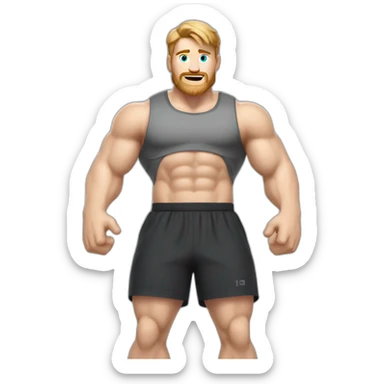 To knee Actively gesturing with hands Pale skinned Fit Man With the biceps and light brown hair in dark gray Sleeveless Mike, black oversize sports shorts and white Sneakers sticker