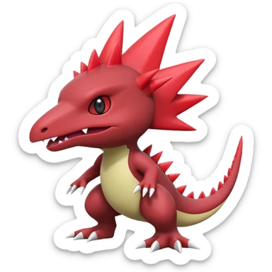 A 3D CGI model of a red-colored edgy kawaii Axew-Tyrantraum-Larvitar-Fakémon-Pokémon-Digimon-creature (full body) sticker