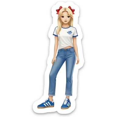 Beautiful Blonde woman standing up posing with one leg slightly crossed over the other leg, wearing denim straight jeans, a pair of adidas og samba shoes and a cute top with small bows on it sticker