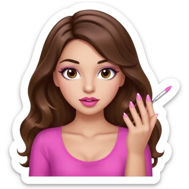 girl with long wavy brown hair, brown eyes, light to medium complexion, in a pink sexy top, pink puckered lips, long lashes, showing a manicure sticker