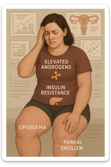 Woman with PCOS struggling with hormonal chaos, transparent overlay showing elevated androgens and insulin resistance affecting her body, lipedema causing disproportionate fat accumulation in legs and arms despite normal torso, expression of frustration with unexplained weight gain, medical charts showing complex endocrine dysfunction, painful swollen limbs contrasting with metabolic confusion sticker
