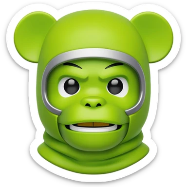 bearbrick toy wearing a lime green balaclava with angry aggressive thick eyebrows showing above the mask sticker