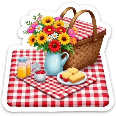 colorful bouquet of flowers on a red and white checkered picnic blanket with small picnic basket nearby sticker