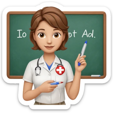 happy teacher with white board brown hair updo, first aid shirt sticker