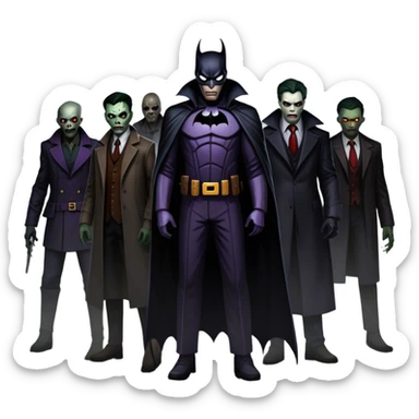 Icon for Thriller Movies: A large, dramatic collage featuring sinister villains and zombies in dark clothing. The background shows the gloomy cityscape of Gotham with dim lighting and eerie shadows. The atmosphere should be tense, mysterious, and suspenseful. Transparent background. sticker