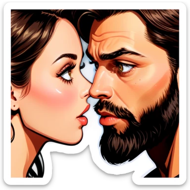 a brunette girl with hazel eyes and dark nude lips and brunette man with a beard kissing esch other  sticker