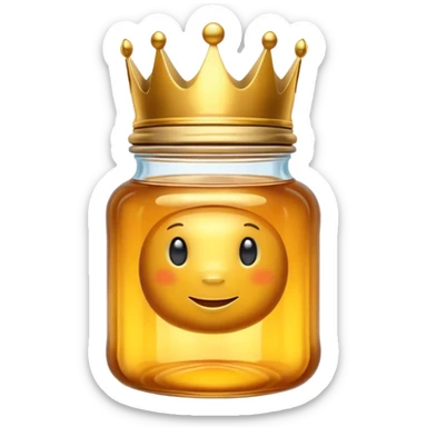 Honey jar filled with golden thick liquid, on top of the jar a big crown sticker