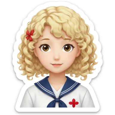 Sweet anime girl with blonde curly hair wearing Japanese sailor style school uniform, gentle smile, kawaii style sticker