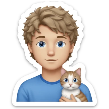 20 year old boy with slightly curly dark blonde hair and blue eyes with cat sticker