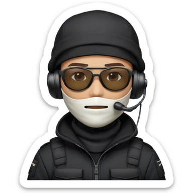 A tactical operator emoji wearing a black cap backward, a white balaclava covering the face, black tactical sunglasses, and a professional military-style headset with a microphone. The character should have a dark hoodie or tactical outfit, looking sleek and modern. sticker
