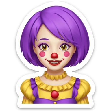 Clown girl with the human style. Has a purple wig, simple makeup, and a yellow dress sticker