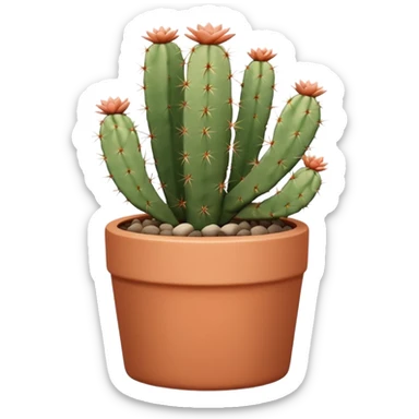A ceramic pot in a pastel terracotta color, shaped like a cylinder, with a tall pot containing a desert cactus. sticker