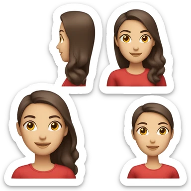 smiling woman with light to medium skin, straight dark brown hair with middle part red shirt  sticker