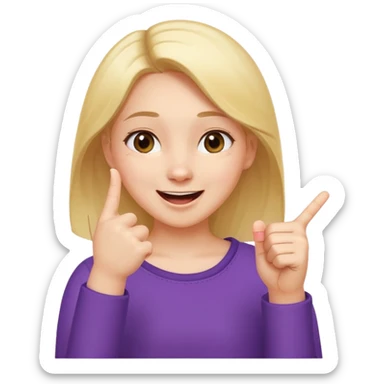 girl with her hand up holding her thumb and index finger close together tip to tip giggling sticker