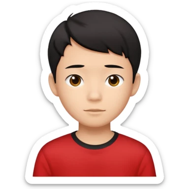 asian boy teenager black short hair red shirt sticker