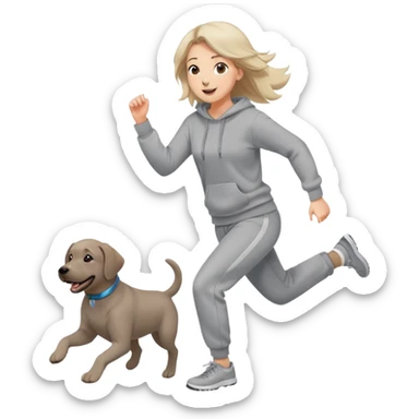 A beautiful girl with fair skin wearing a gray sweatshirt and sweatpants happily chasing a Labrador sticker