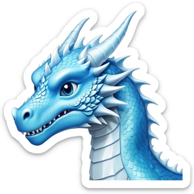 Cinematic Noble elegant Ice Dragon Portrait Emoji, Poised and imposing, distinct long elegant snout, with a slender, scaled body shimmering in glacial hues of icy blue, frostbitten silver, and crystalline white, breathing out frost, with piercing, glowing eyes that radiate the chilling depths of an arctic storm; rendered in detail. sticker