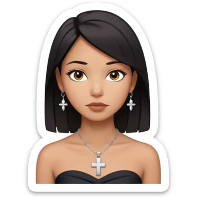 Tan skin, straight black medium hair, almond dark brown eyes, full lips, soft jawline, wearing a silver cross necklace and dark strapless top, calm confident expression sticker