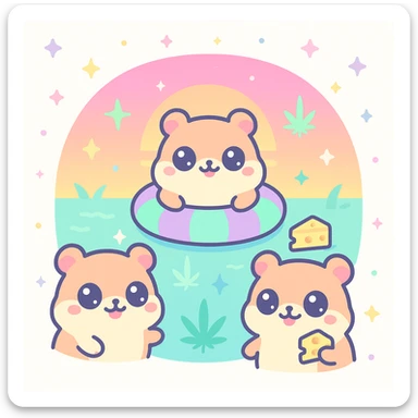 Discord server icon, square, super cute pool party at sunset with up to 3 kawaii hamsters, weed leaves, cheese, THC theme, no disco ball, synthwave vaporwave style, pastel neon colors, dreamy gradients, sparkles, nostalgic, fun, inviting, summer party vibe, clear composition sticker