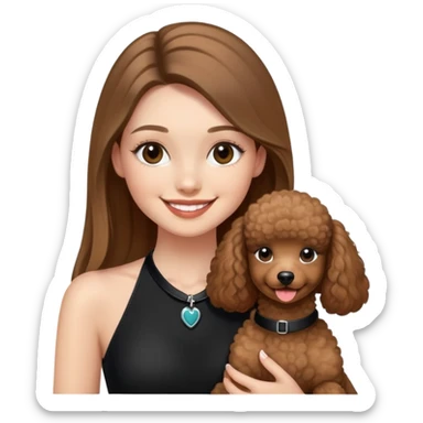 a girl with long straight balayage hair, long lashes, smiling, wearing black halterneck top, and holding a brown poodle sticker