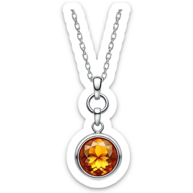 extreme close up of a round cut holographic amber charm with silver metal accent and simple chain sticker