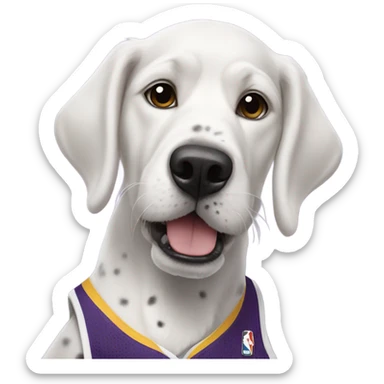White dog with black bit spots wearing a lakers jersey sticker
