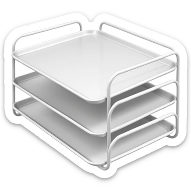 A minimal, clean emoji-style illustration of a white metal desk paper organizer tray, shown in slight isometric view so its structure is readable at a small scale. The organizer is rectangular with rounded corners, made of thin white metal wires, forming two to three stacked horizontal slots.
 sticker