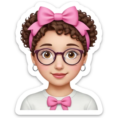 ragazza con i capelli ricci castani cortissimi, con un fiocco rosa in testa, sopracciglia corte,occhiali tondi,occhi marroni, septum piercing e nostril piercing, lei sorride sticker