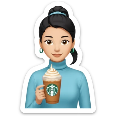  tan skin woman with long face, and very short black hair slicked back ponytail with forehead showing, wearing solid pastel blue turtleneck shirt, drinking starbucks caramel frappuccino, smiling with middle parted hair sticker