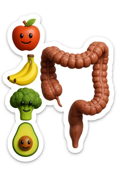 emoji stile iphone in 3d di cibo sano che fluttua in aria vericalmente insieme a pezzi di colon umano anatomico, iperrealistico 4k sticker