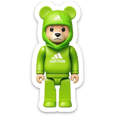 bearbrick toy with cubic design, wearing a lime green balaclava with Adidas trefoil logo, clear aggressive eyebrows, proper bear figure sticker
