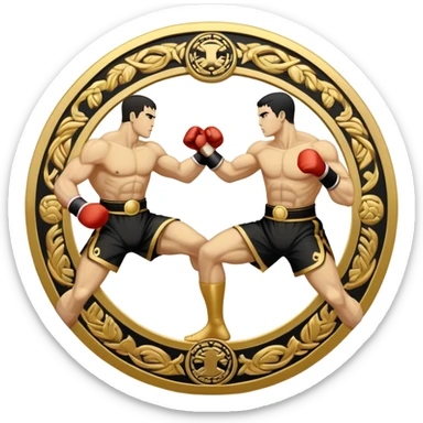 Round emblem symbolizing striking martial arts. The emblem features two fighters in dynamic stances, one delivering a powerful punch while the other defends with a block. In the center, a stylized fist and foot crossed to represent the essence of striking.  sticker