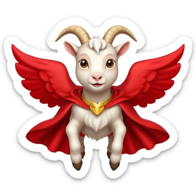 side view of white female goat wearing a read cape like superman sticker