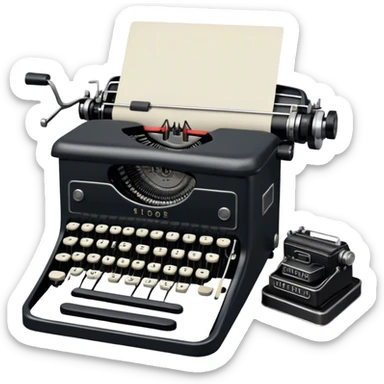 Create an emoji representing screenwriting. The design should feature an open script with visible dialogue and action lines, symbolizing the writing of a screenplay. Include a classic typewriter or modern writing device, such as a laptop, to signify the creative process. Place an old-style film camera next to the script to emphasize the cinematic connection. Use a professional color palette with black, white, and subtle metallic tones. Do not include any emojis or smiley faces. Make the background transparent sticker