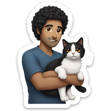 Middle Eastern man with curly black hair holding black and white fluffy cat sticker