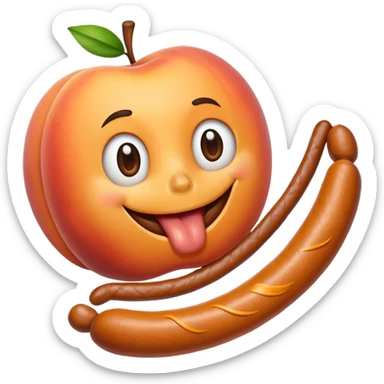 A peach with handmarks with a big bratwurst in his mouth sticker