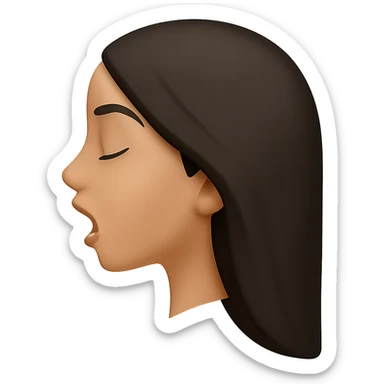 Create a side view (profile) of this woman's head in the normal iPhone emoji style, with closed eyes and an open mouth, smooth shading, no outlines, and long dark hair. Variant 4. The style should replicate the smooth shading and no outlines typical of the iPhone emoji style. sticker
